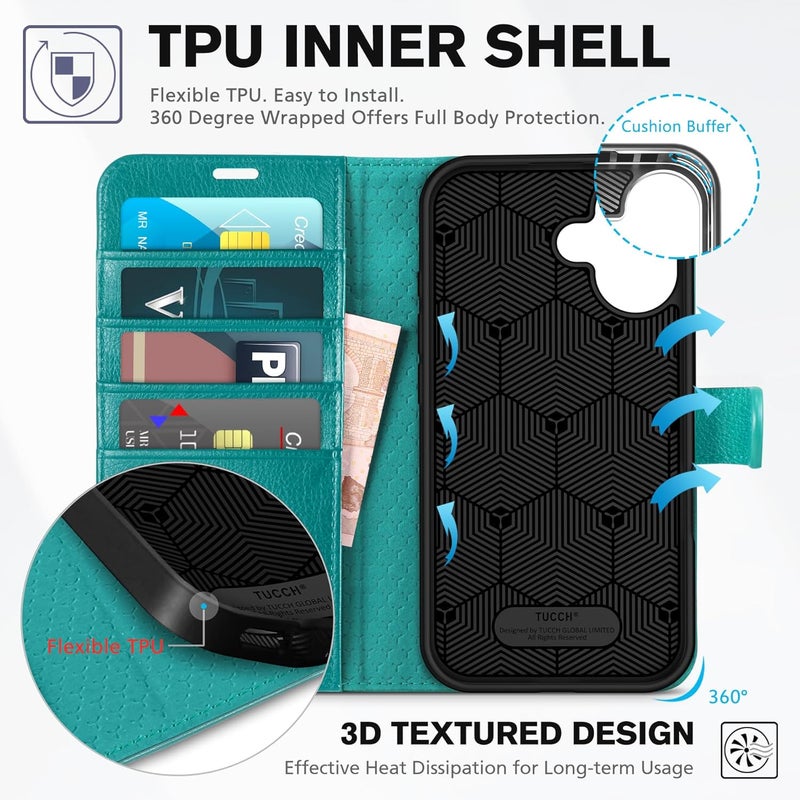TUCCH Wallet Case for iPhone 16, [RFID Blocking] 4 Card Holder Kickstand [Shockproof TPU Interior Case] PU Leather Magnetic Closure Protective Flip Cover Compatible with iPhone 16 5G 2024, Cyan - Image 5